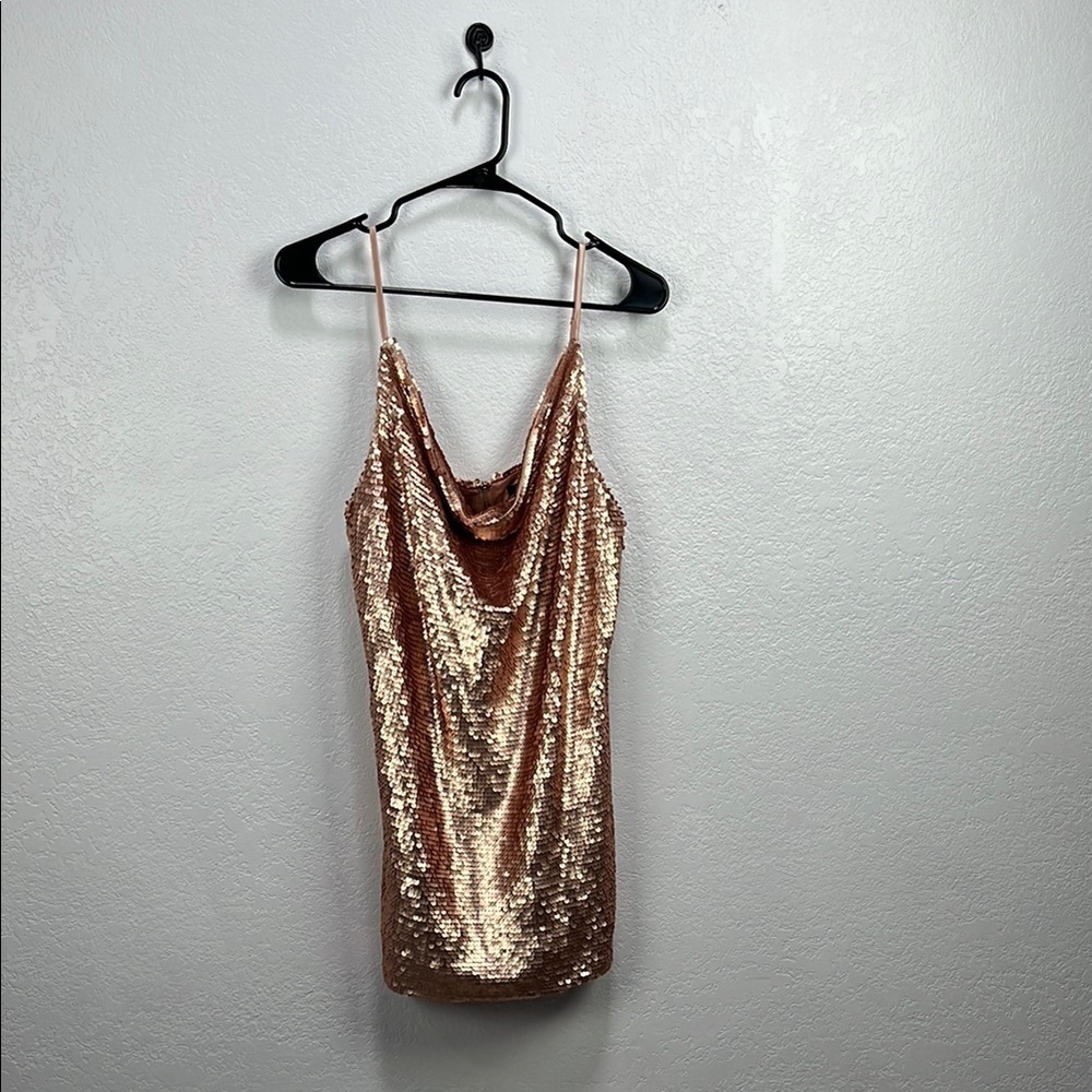 Misguided Sequin Cowl‎ Neck Women Mini Dress Rose Gold Party Dress Sz 10 TC0774